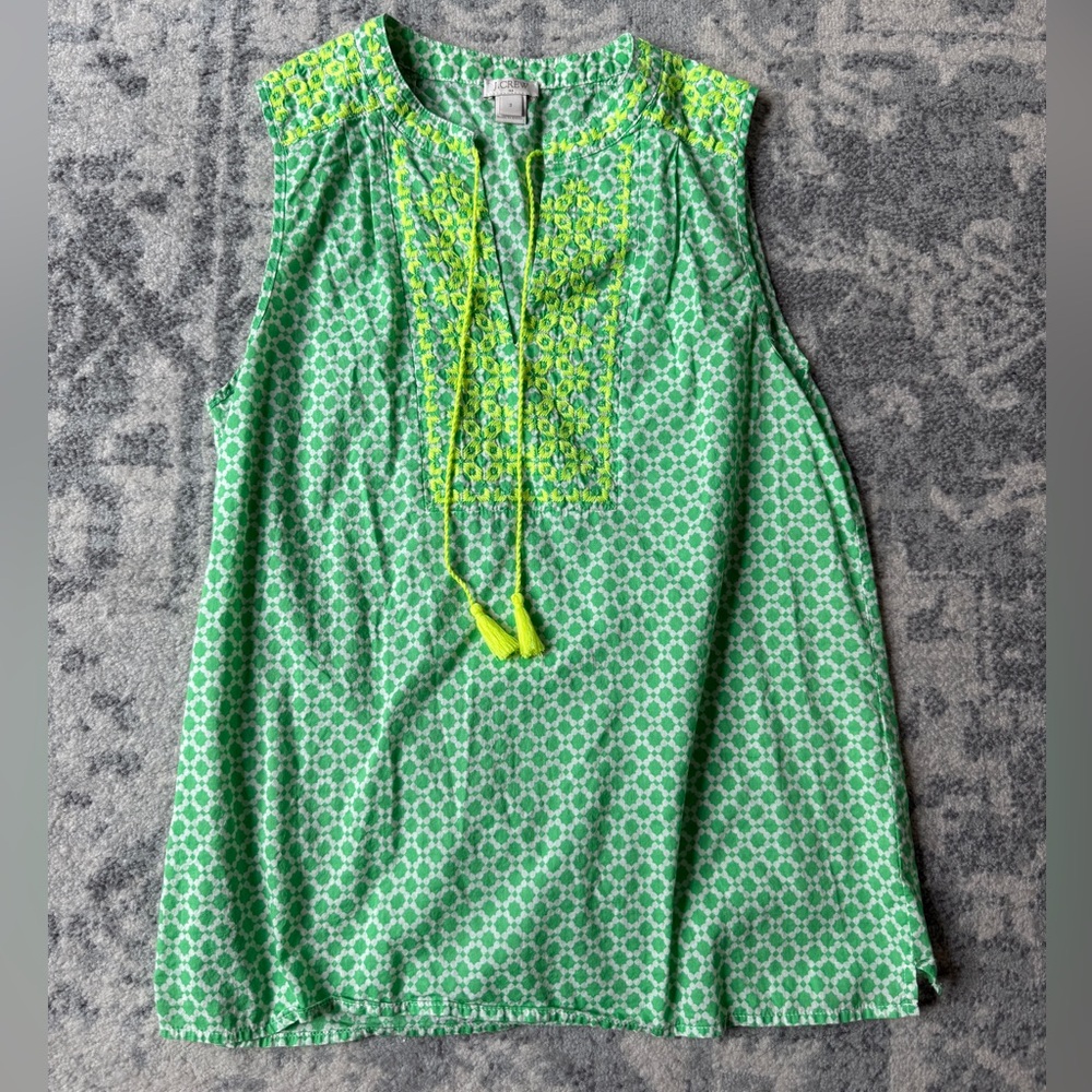 J. Crew Green Sleeveless Geometric Top W Neon Yellow Tassels